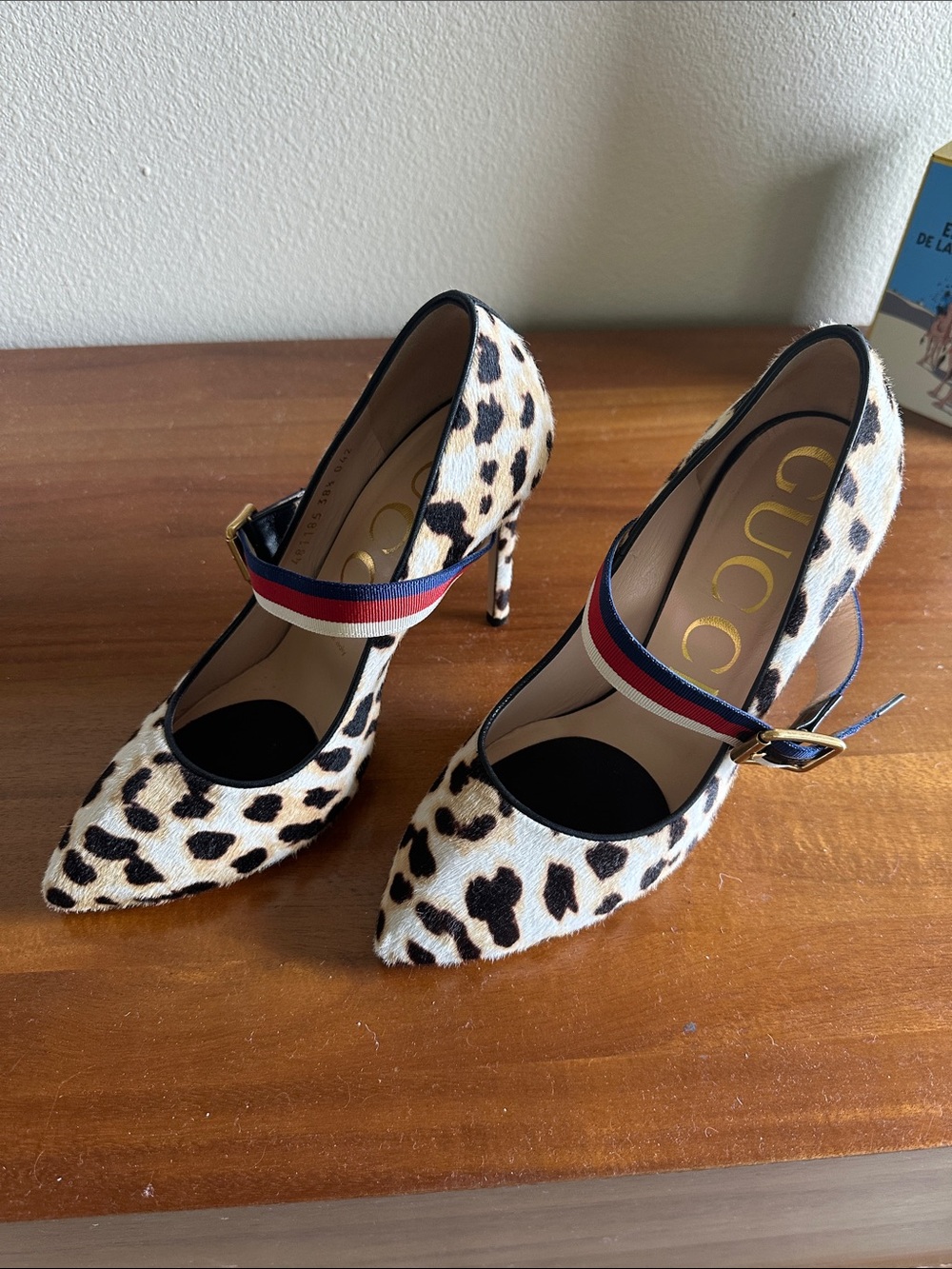 Gucci Leopard-Print Mary Jane Pumps with Red-Blue Web Strap size 38.5
